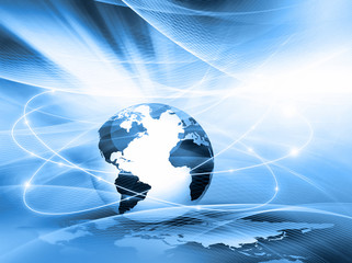 Best Internet Concept of global business. Globe, glowing lines on technological background. Electronics, Wi-Fi, rays, symbols Internet, television, mobile and satellite communicationsblue blur