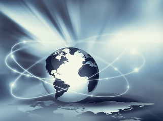 Best Internet Concept of global business. Globe, glowing lines on technological background. Electronics, Wi-Fi, rays, symbols Internet, television, mobile and satellite communicationsblue blur