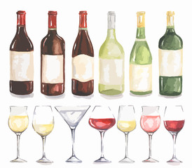 Obraz premium Watercolor wine bottles and glasses set. Beautiful bottles and glasses for decoration menu in restaurant or cafe. Alcoholic beverage.