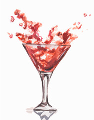 Watercolor wine splash. Splash in wine glasses. Beautiful glasses for decoration menu in restaurant or cafe. Alcoholic beverage.