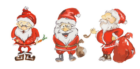 Watercolor Santa Claus set. Cute funny Santa set for new year and christmas decoration. Isolated cartoon character.