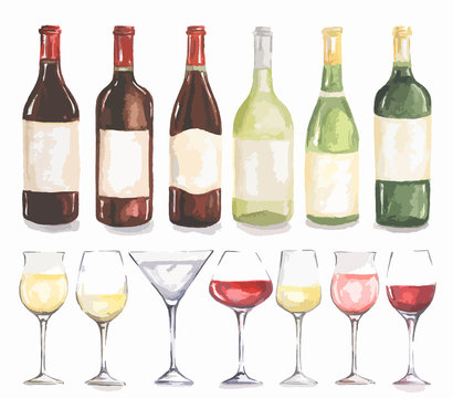 Watercolor wine bottles and glasses set. Beautiful bottles and glasses for decoration menu in restaurant or cafe. Alcoholic beverage.