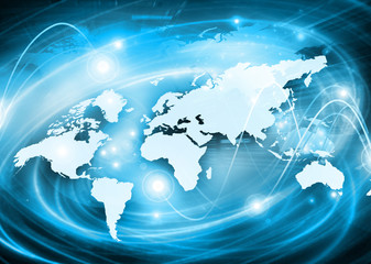 World map on a technological background, glowing lines symbols of the Internet, radio, television, mobile and satellite communications.