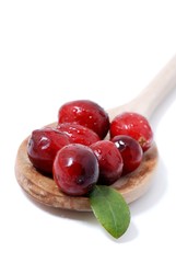 Cranberry with leaf on white background.  