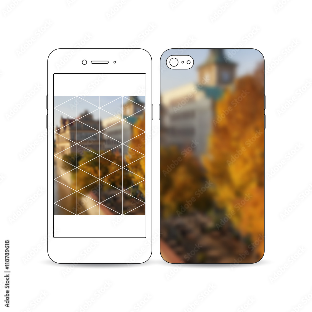 Poster mobile smartphone with an example of the screen and cover design isolated on white. polygonal backgr