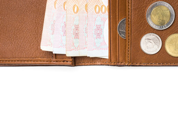 Thai cash in brown leather wallet with coins isolated on white background