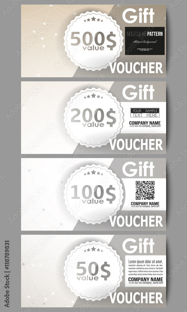 Poster set of modern gift voucher templates. abstract polygonal low poly backdrop with connecting dots and 