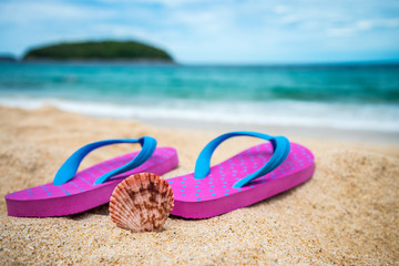 Pink beach flip flop on Beautiful tropical island beach summer holiday - Travel summer vacation...