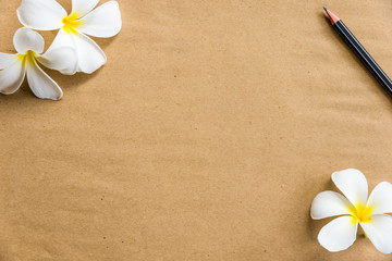 Black pencil white flowers on brown paper copy space,background