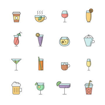 Drinks outline colored icon set. Simple outline design.
