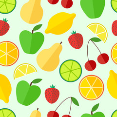 Fruits and berries. Flat design. Seamless pattern. Vector illustration.