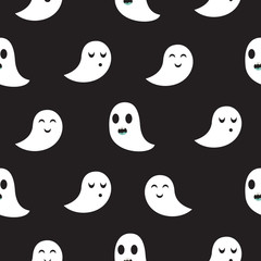 Ghost black seamless vector pattern. Funny spooks in monochrome colors.