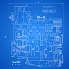 blueprint engine, project technical drawing on the blue background. stock vector illustration eps10