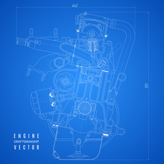 blueprint engine, project technical drawing on the blue background. stock vector illustration eps10