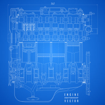 blueprint engine, project technical drawing on the blue background. stock vector illustration eps10