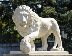 Beautiful old marble statue of lion near Vorontsov Palace in cultural heart of Odessa, Ukraine/ Beautiful old marble statue of lion near Vorontsov Palace in cultural heart of Odessa, Ukraine