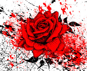Fototapeta na wymiar stylish red rose with splashes of ink and texture cracks, leaves, hand drawn, vector illustration, artistic background with flower