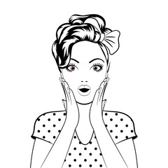 Black line art woman face with open mouth. Vector illustration