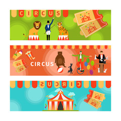 Circus banners with fun flat elements. Vector illustration