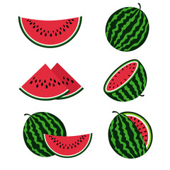 Watermelons and watermelon slices flat cartoon vector set