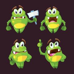 Cute cartoon monster character in different poses vector illustration
