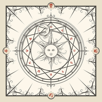 Alchemy magic circle. Mystic occult hermetic circle vector illustration