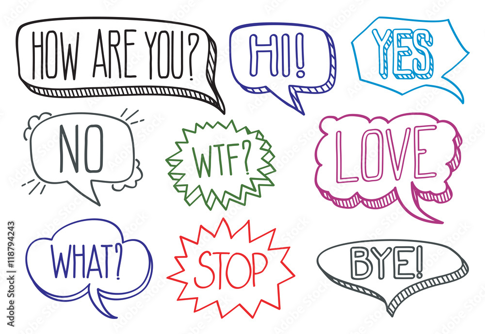 Poster Vintage hand drawn speech bubbles with dialog words vector collection