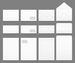 Blank white paper envelopes vector templates set