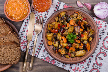 Vegetable stew in plate, close up.