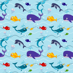 Funny kids fish in water seamless vector background