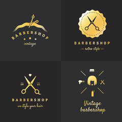 Fototapeta na wymiar Gold barbershop logo vector set. Vintage design. Part two.