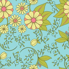 Fototapeten Seamless cute pattern with doodle flower and leaf. Textile, background, cover, wrapper © Solyannikova