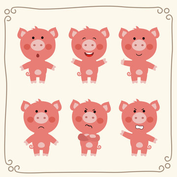 Vector set isolated emotions pig. Collection emoji pig. Cute cartoon pig.