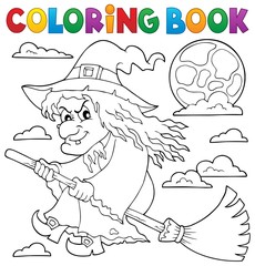 Coloring book witch on broom theme 1