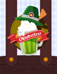 Vector colorful illustration of big mug of green beer with hat,
