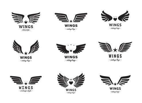Wings silhouette logo vector set. Vintage design. Part two.