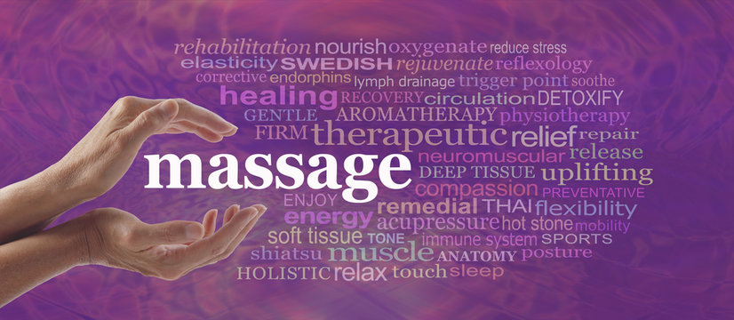 Enjoy the benefits of massage - Female hands gently cupped around the word MASSAGE surrounded by a relevant word cloud on a pink purple pattern background