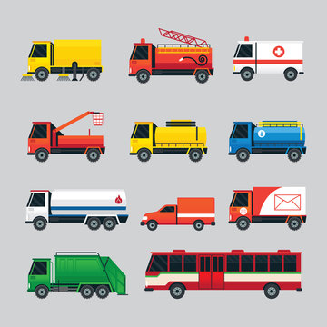 Public Utility Vehicles Object Set, Waste, Oil, Water Supply, Electricity, Emergency, Truck and Bus