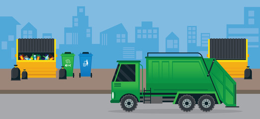 Waste or Garbage Truck and Dumpster, Management in City, Urban Background
