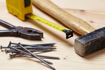 set of tools on the wood background
