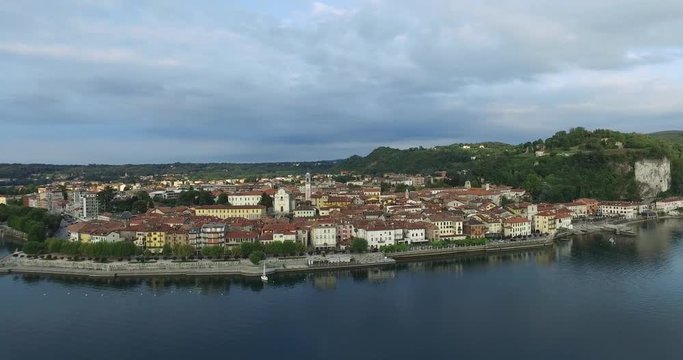 Aerial of the city Arona beautiful bilding island in Italy 