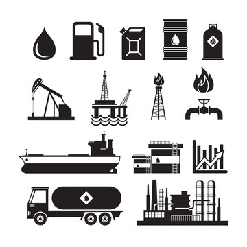 Oil Industry Object Silhouette Set, Gas, Petroleum, Fuel, Refinery