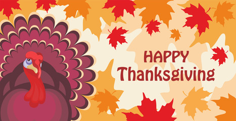 thanksgiving greeting card with the image of a big beautiful Turkey in cartoon style on background of autumn maple leaves