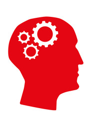 Human head in profile with machine cogs or gears in the brain area as a metaphor