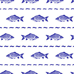 Vector hand drawn seamless pattern with fish
