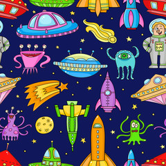 Seamless pattern with space objects: ufo, rockets, aliens. Hand-