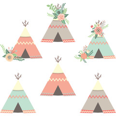 Floral Teepee Tents.Tribal Set © alexaz