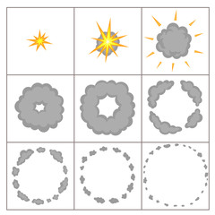 Explode effect animation with smoke. Cartoon bang explosion frames for game. Sprite sheet for cartoon fire puff explosion, mobile, flash game effect animation.