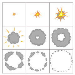 Explode effect animation with smoke. Cartoon bang explosion frames for game. Sprite sheet for cartoon fire puff explosion, mobile, flash game effect animation.