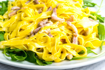 tasty Carbonara pasta on the table